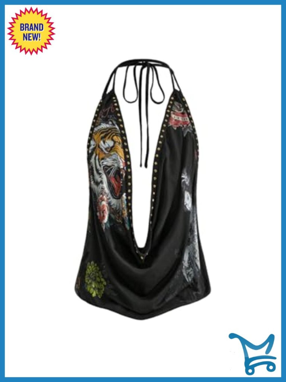 Animal Print Deep V Neck Halter Tank Top Rivet Draped Open Back Party Top